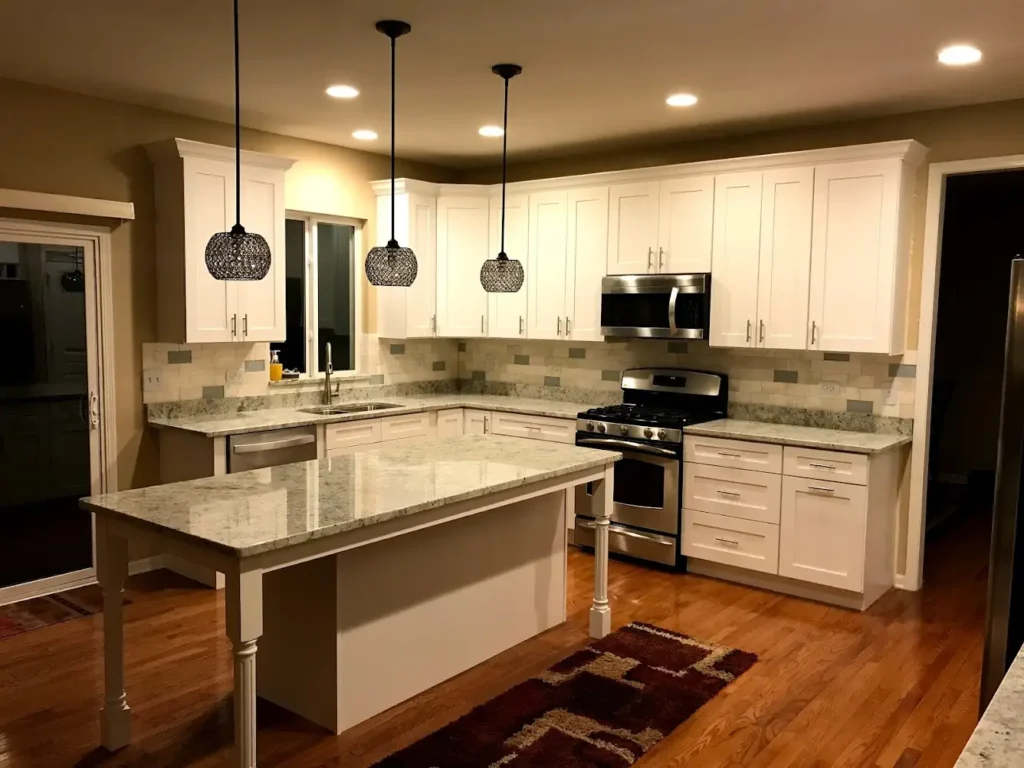 Elegant transitional kitchen featuring crisp white custom cabinets, light gray quartz countertops, a statement island with decorative furniture-style legs, professional appliances, and polished nickel fixtures